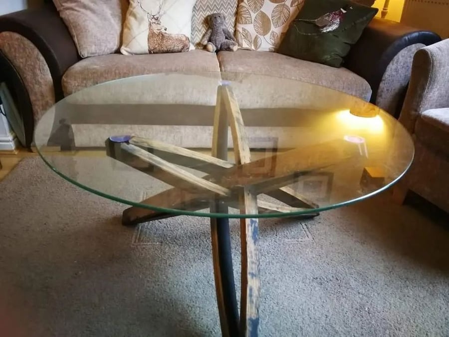 Whiskey Barrel Oak Glass Top Table