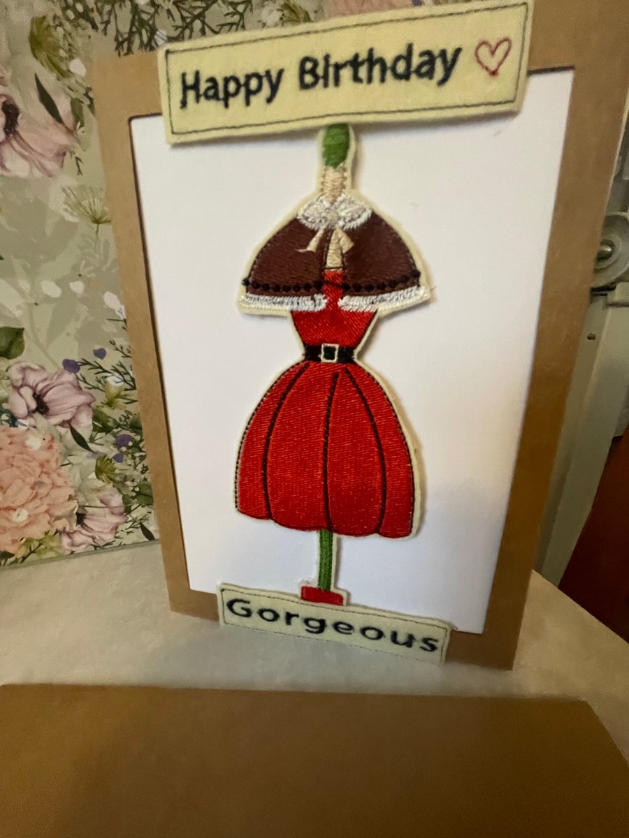 Handmade embroidered greetings card 1950s fashion 