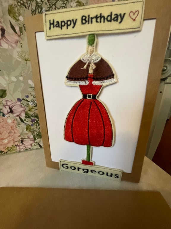 Handmade embroidered greetings card 1950s fashion 