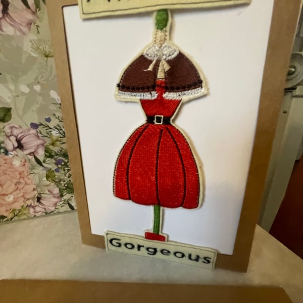 Handmade embroidered greetings card 1950s fashion 