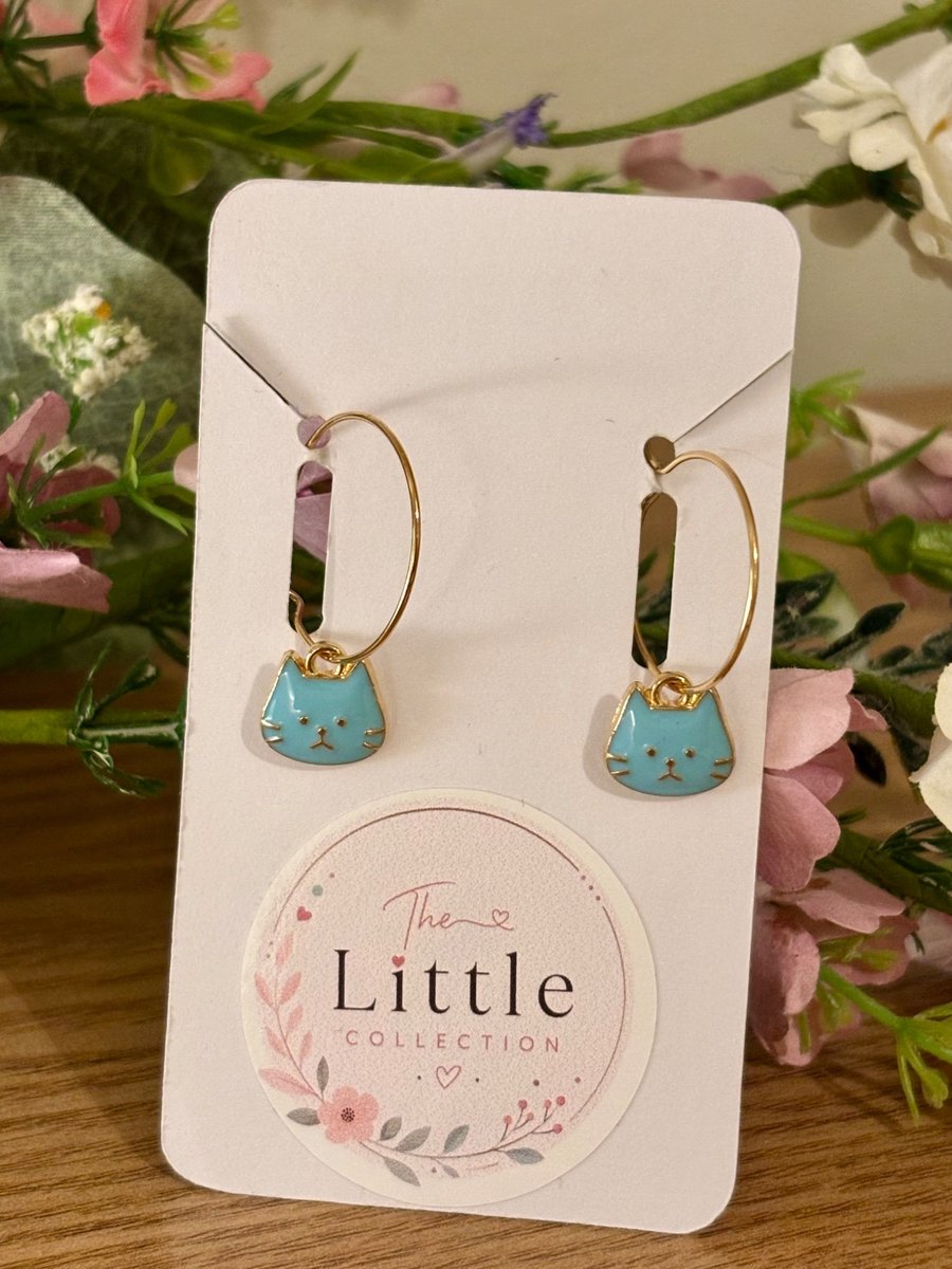 Light Blue Cat Face Hoop Earrings, Enamel Charms, Handmade Jewellery 