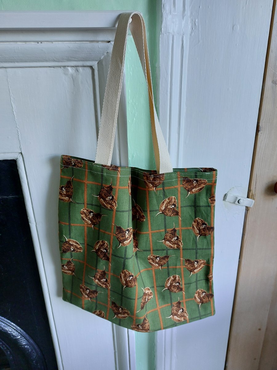 Small Highland Cow Tartan Tote Bag Cotton 36 cm x 35 cm