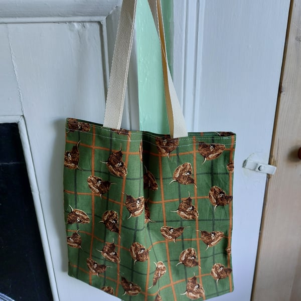 Small Highland Cow Tartan Tote Bag Cotton 36 cm x 35 cm