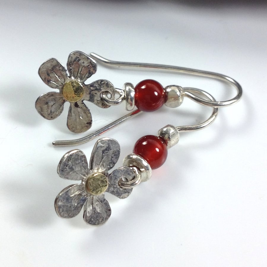 Sterling silver, gold and carnelian flower earrings 