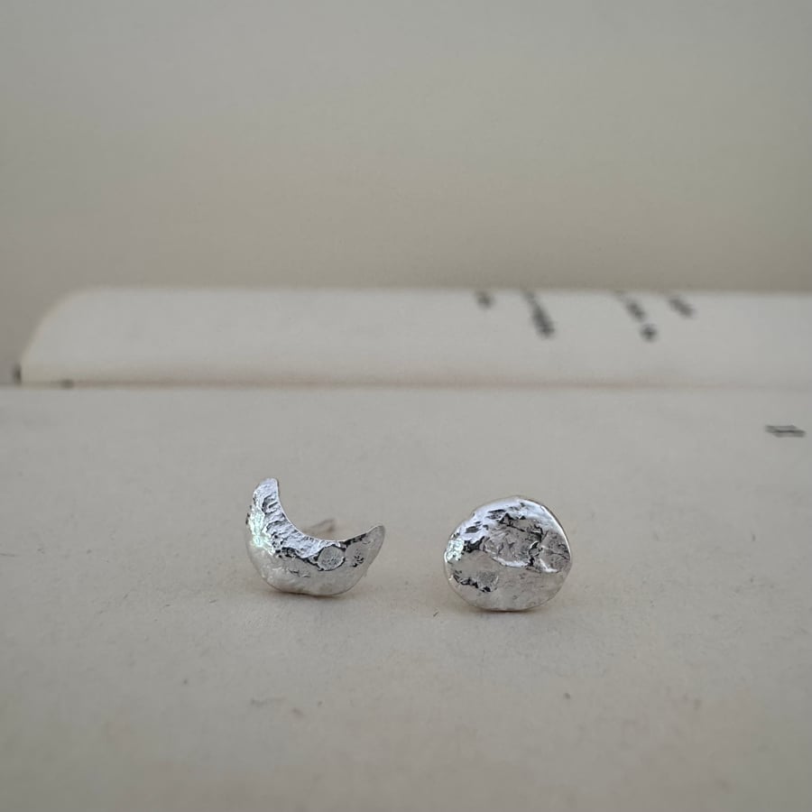 Moon phase studs - molten moons - recycled sterling silver stud earrings