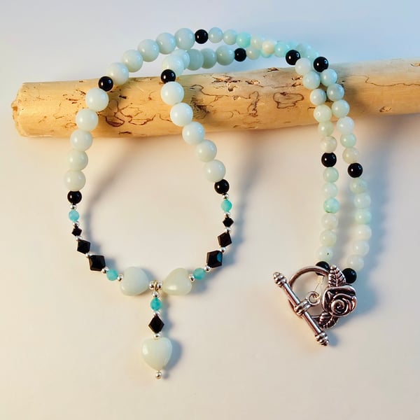 Amazonite Hearts Necklace With Black Swarovski Crystals - Handmade In Devon