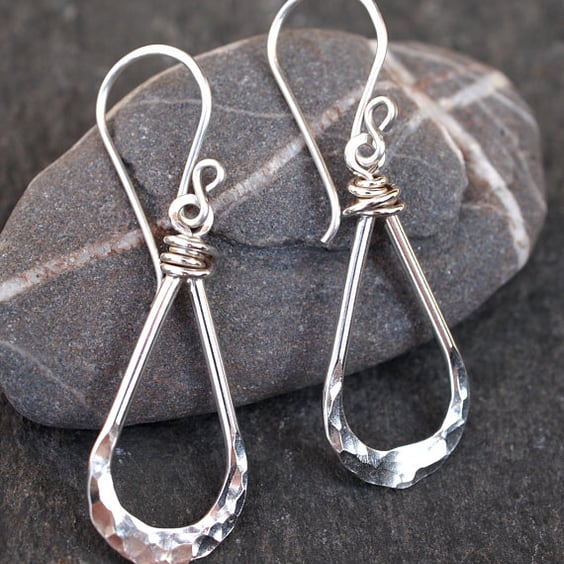 Silver teardrop earrings, teardrop dangle earrings, hammered Eco-friendly silver