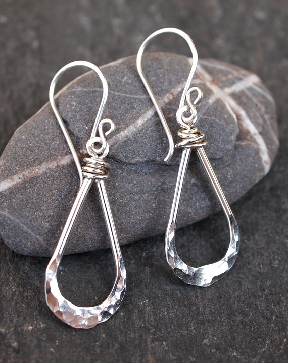 Silver teardrop earrings, teardrop dangle earrings, hammered Eco-friendly silver