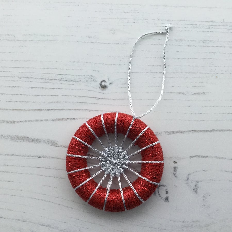 Dorset Button Christmas Tree Decoration in Red and Silver 