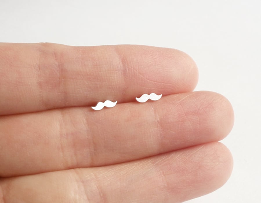mini moustache earring studs in sterling silver