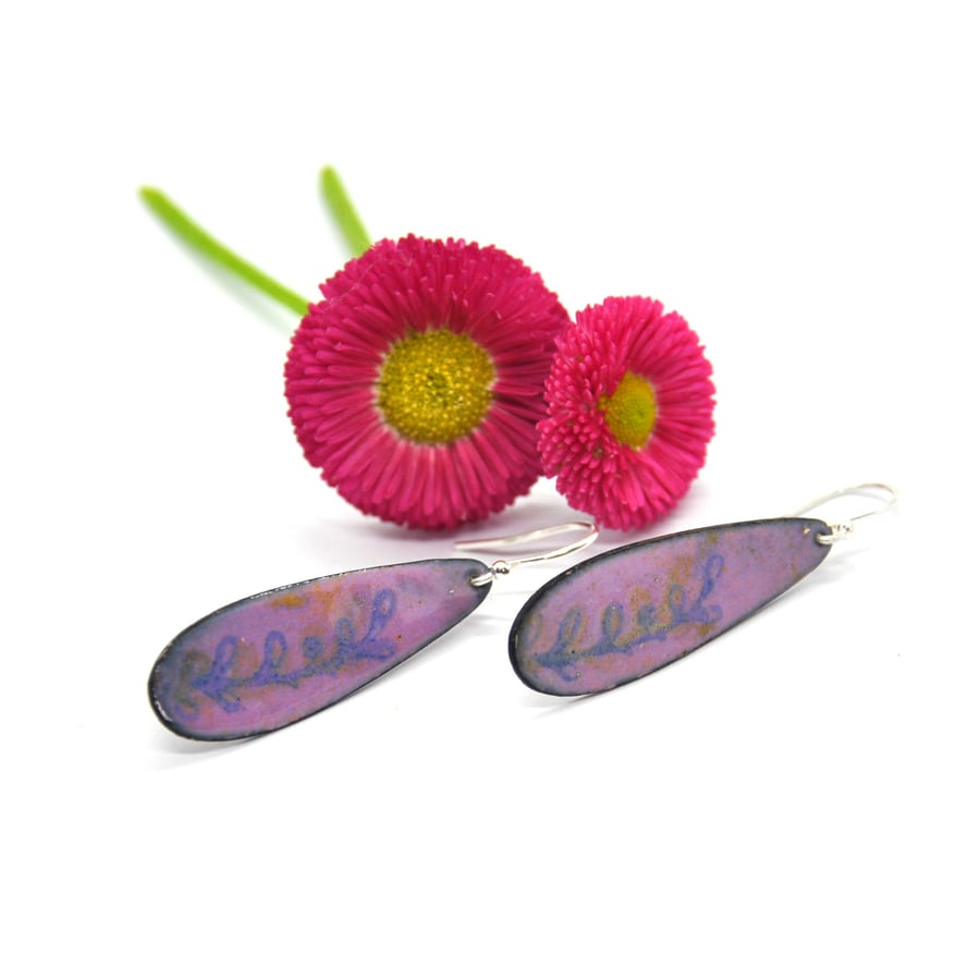 Purple enamel leaf vine drop earrings