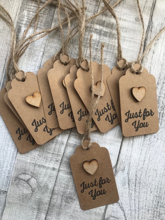 Handmade Wooden Heart Gift Tags, Kraft Card, Jute String, Set of 10