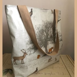 Oilcloth tote bag with recessed zip in Woodland Fox and Stag design