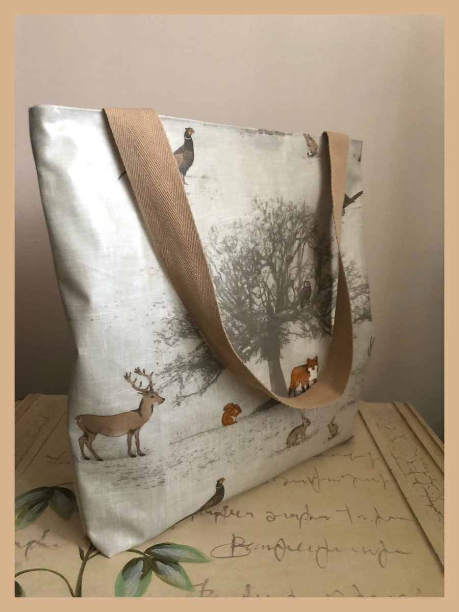 Oilcloth tote bag with recessed zip in Woodland Fox and Stag design