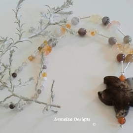 Large Natural Botswana Agate Flower &  Carnelian  Sterling Silver Necklace