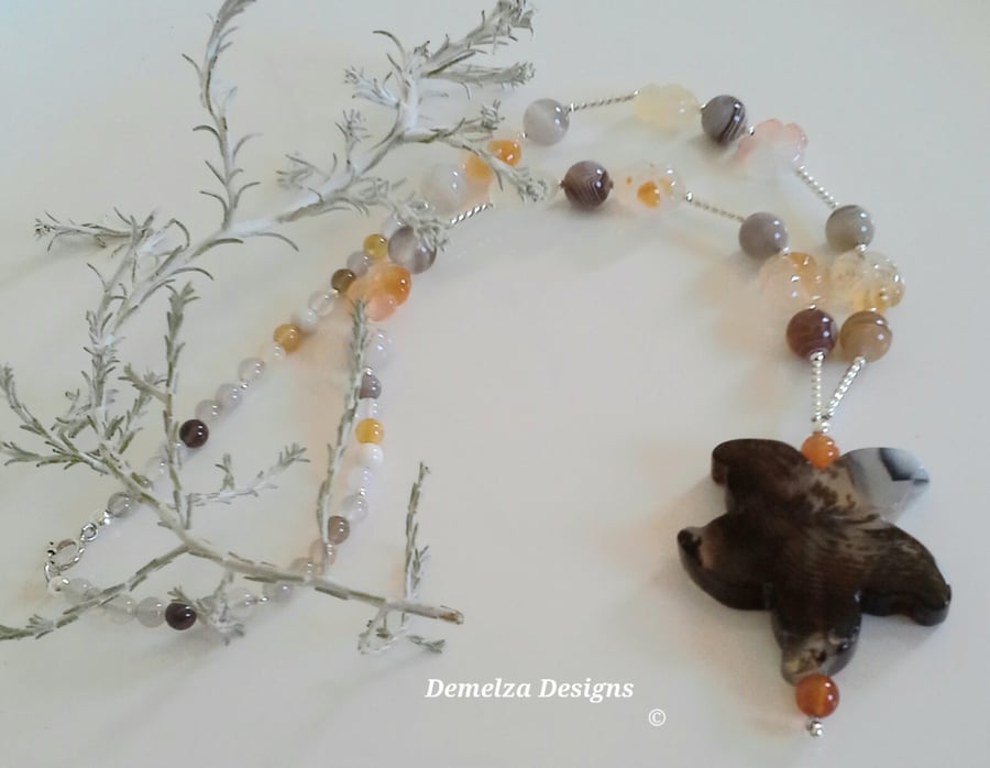Large Natural Botswana Agate Flower &  Carnelian  Sterling Silver Necklace