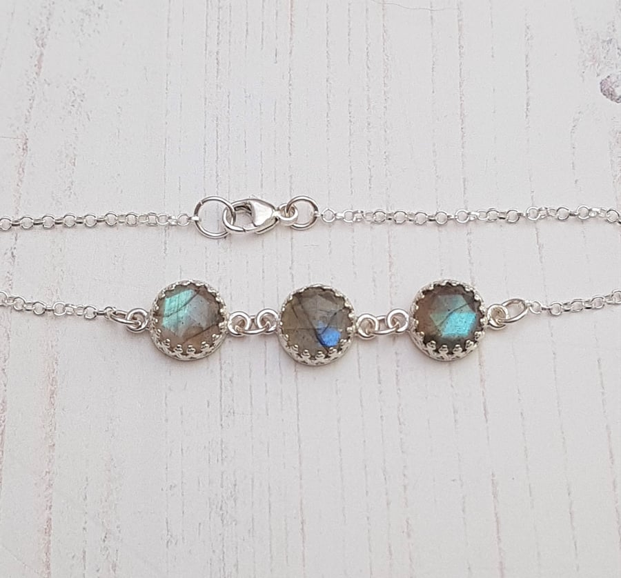 Blue Flash Labradorite Trio Gemstone Sterling Silver Bracelet