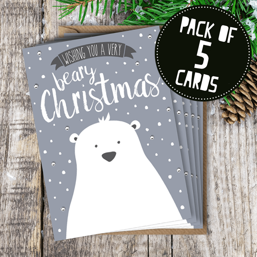 Christmas card - polar bear card  - Scandinavian Christmas - pack of five