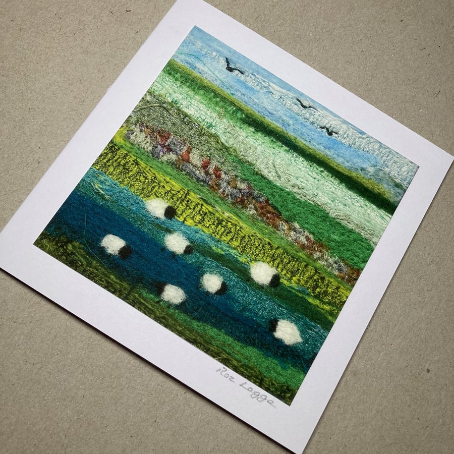 Grazing sheep, Greetings card 5" x 5", print of original textile art