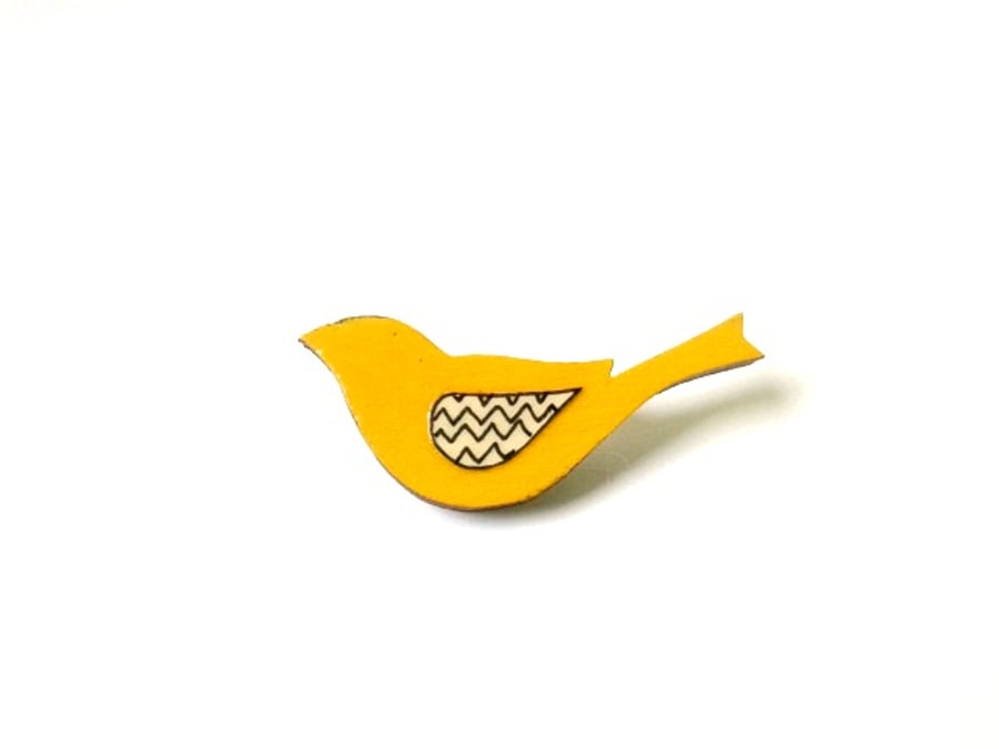 Bird Brooch Bright Yellow Wooden Folk Style