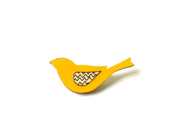 Bird Brooch Bright Yellow Wooden Folk Style