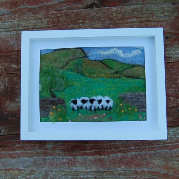 Five sheep stonewall wool painting.  Needlefelt picture