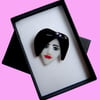 HANDMADE FUSED DICHROIC GLASS 'PORTRAIT OF A LADY PORTRAIT' BROOCH.