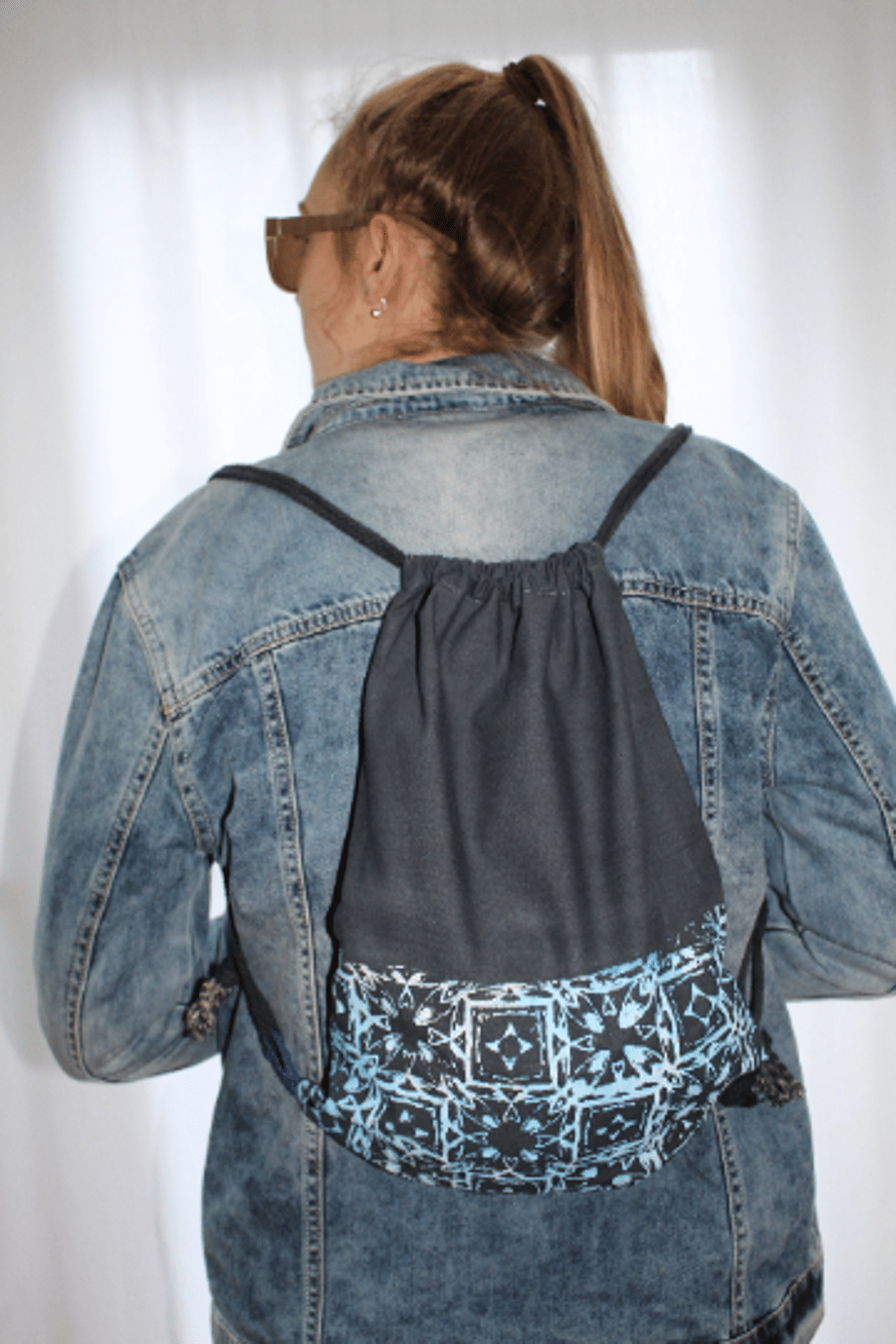 Handmade geometric print grey drawstring bag,Eco  lightweight backpack,gift 