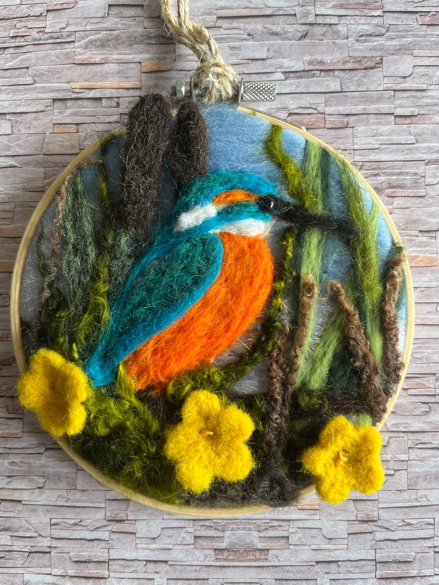 Needle felted kingfisher wall art picture.