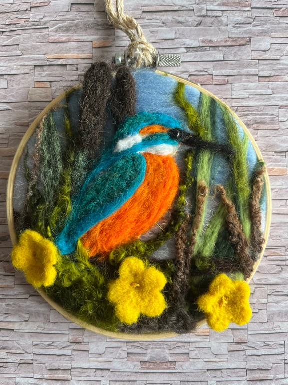 Needle felted kingfisher wall art picture.
