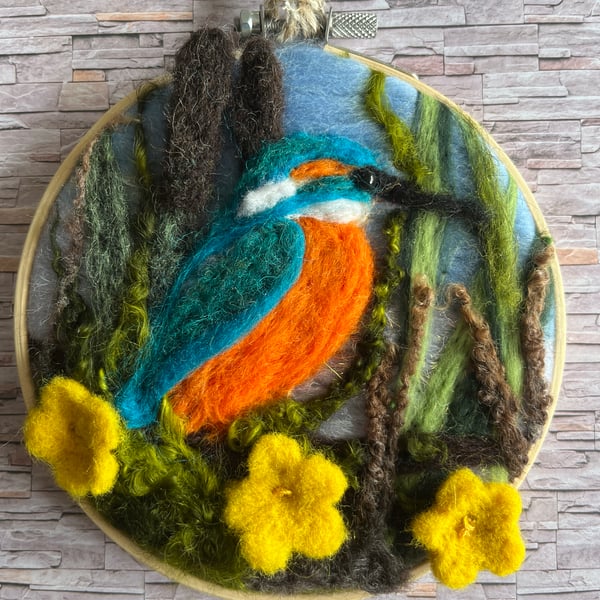 Needle felted kingfisher wall art picture.