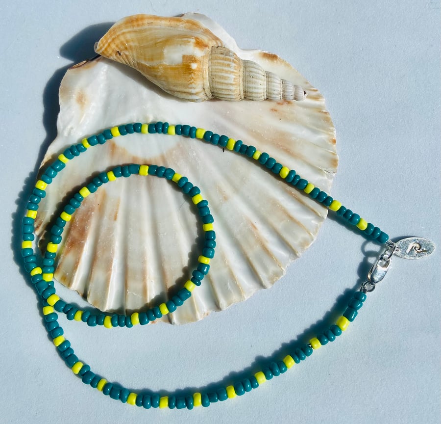 Teal & Pastel Yellow Seed-Bead Czech Glass Necklace with Sterling Silver Detail