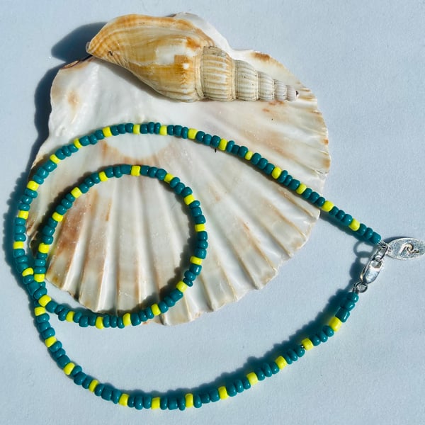 Teal & Pastel Yellow Seed-Bead Czech Glass Necklace with Sterling Silver Detail