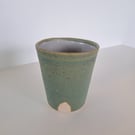 Hand made ceramic coffee beaker - glazed in speckled green and taupe