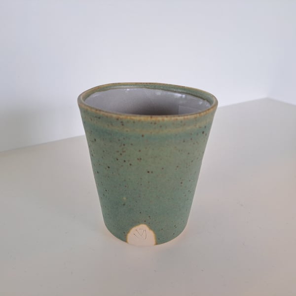 Hand made ceramic coffee beaker - glazed in speckled green and yellow