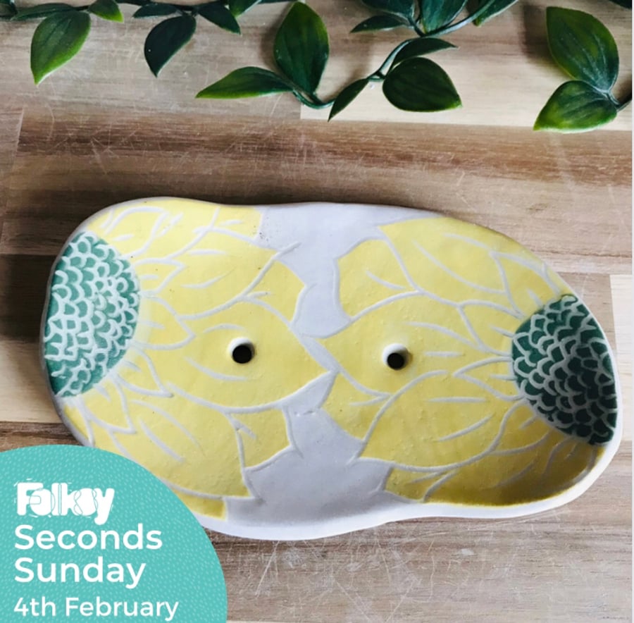 SECONDS SUNDAY Handmade stoneware pottery yellow flower and leaf soap dish 