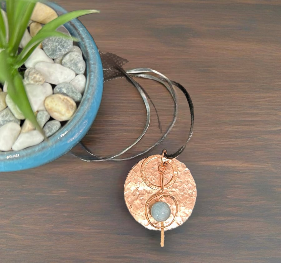 Textured Copper Pendant With an Aquamarine Charm - 16”Adjustable
