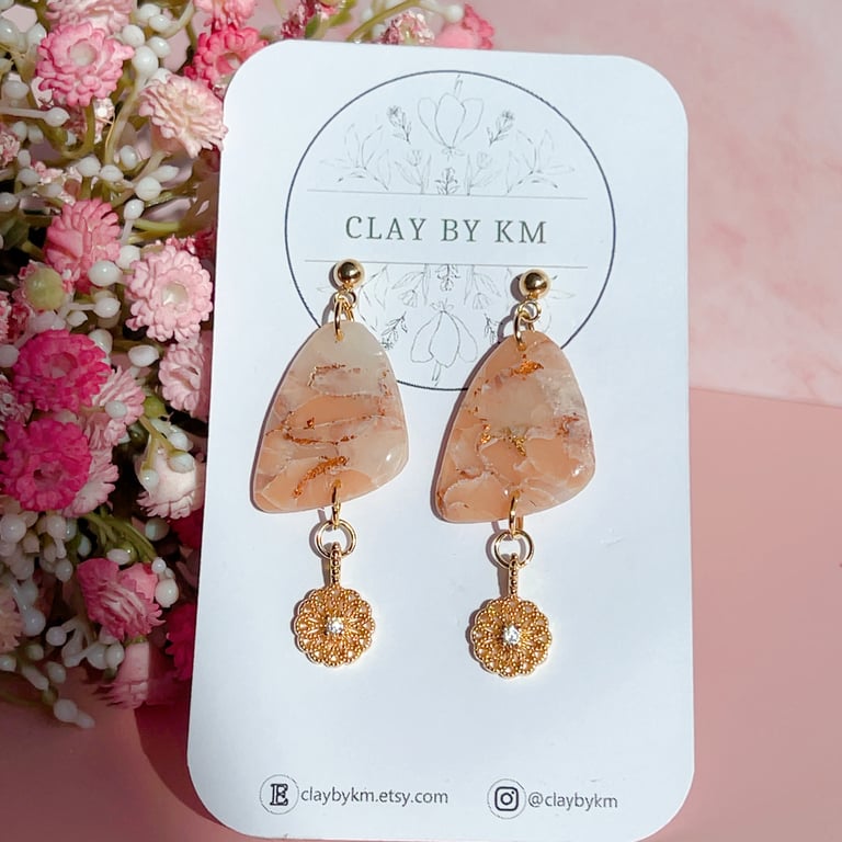 Beige gold dangle earrings, Elegant faux-stone polymer clay jewellery for gift