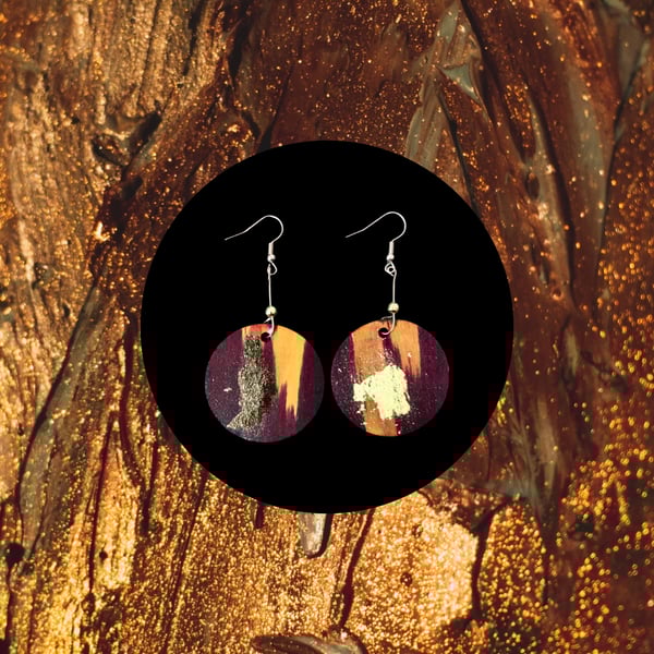 Earrings - Boho style, Dangle, Alcohol Ink on Wood - Gold Plated, Freepost