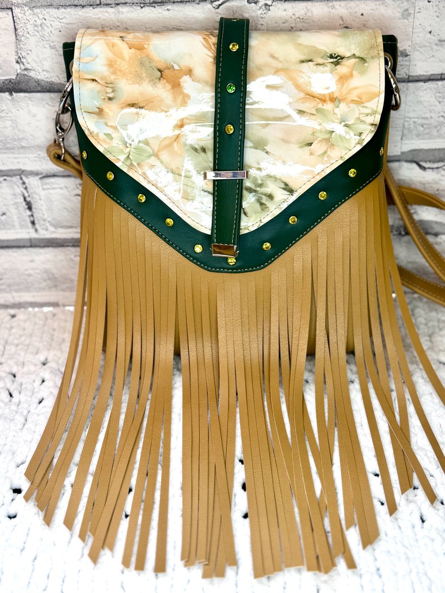 Faux Leather Green and Caramel fringed crossbody bag