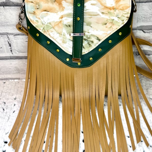 Faux Leather Green and Caramel fringed crossbody bag