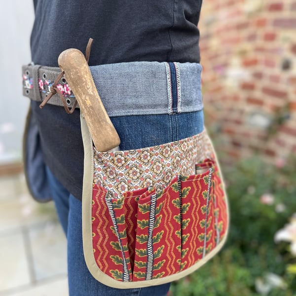 Reclaimed denim and vintage floral tool pouches gardening belt