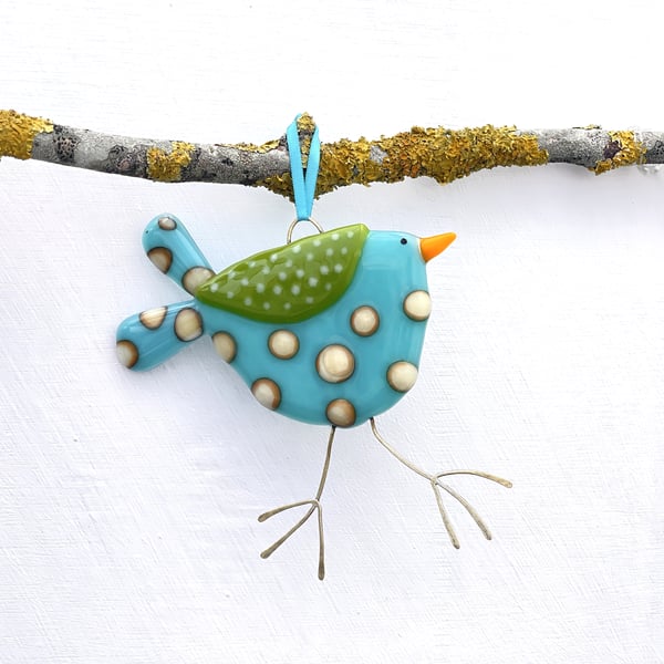 Fused Glass Turquoise Spotty Bird Decoration