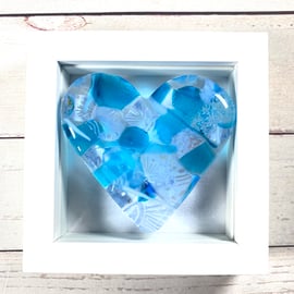 Fused glass patchwork heart picture in blue