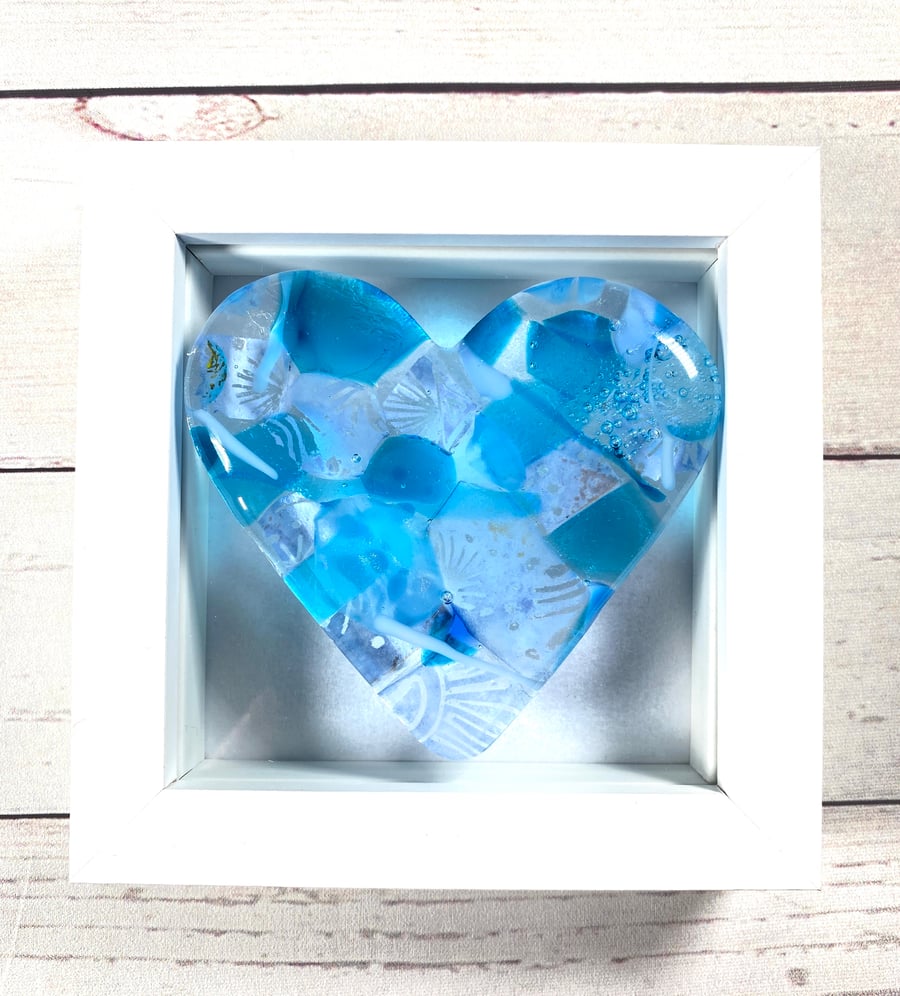 Fused glass patchwork heart picture in blue