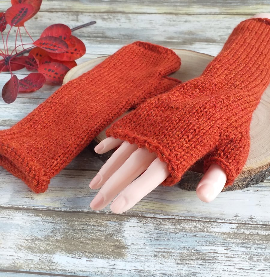 Knitted Fingerless Gloves, Alpaca & Wool Mix Yarn, Russet Wrist Warmers