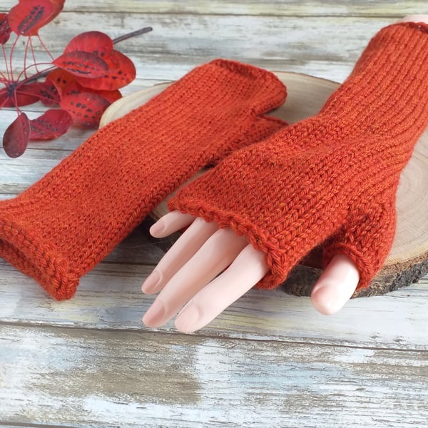Knitted Fingerless Gloves, Alpaca & Wool Mix Yarn, Russet Wrist Warmers