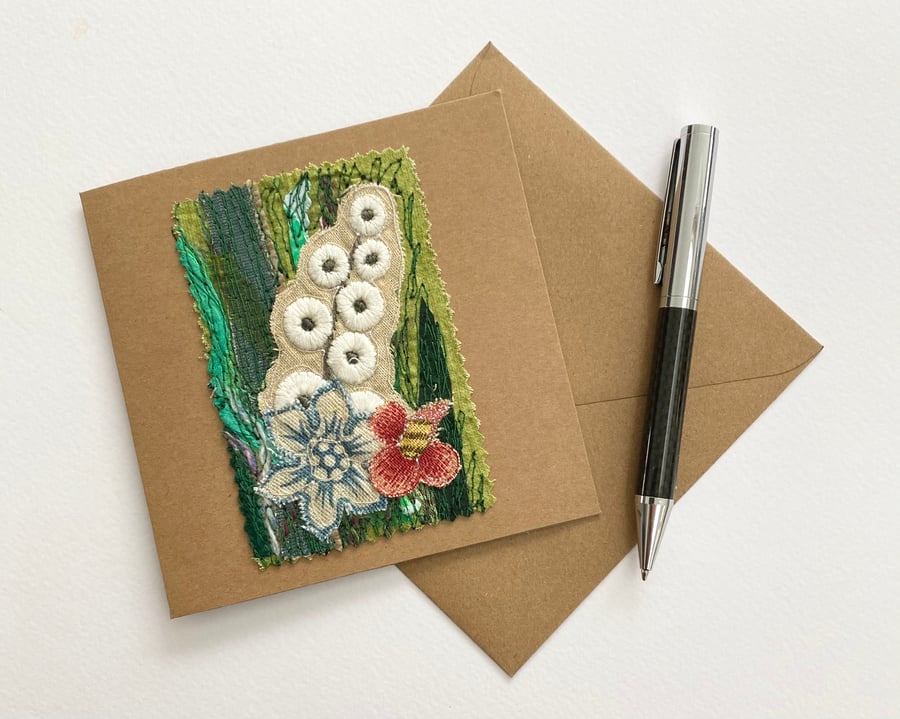 Up-cycled embroidered flower garden card. 