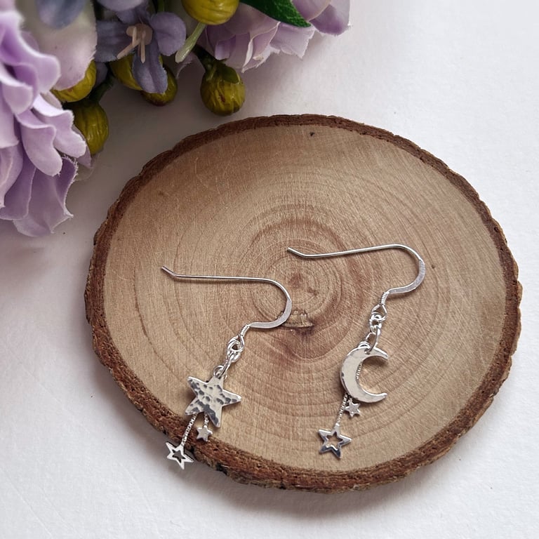 Hammered Moon and Star Sterling Silver Dangle Earrings