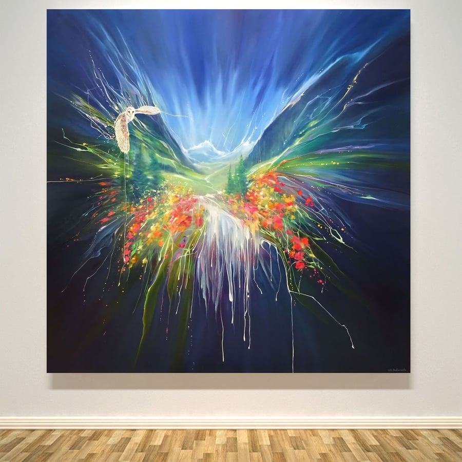Caught in the Act, a large explosion of a landscape painting with white owl